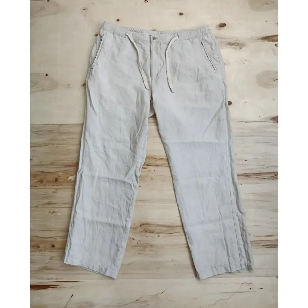 Tasso Elba 100% Linen Pants Mens 38x32 Beige Drawstring Beach Resort Trousers